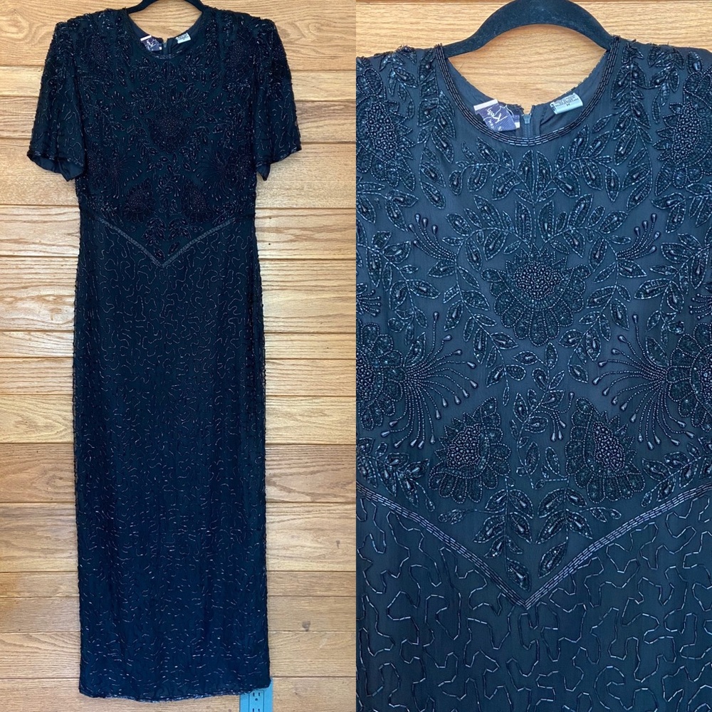 Vintage Laurence Kazar black silk beaded gown